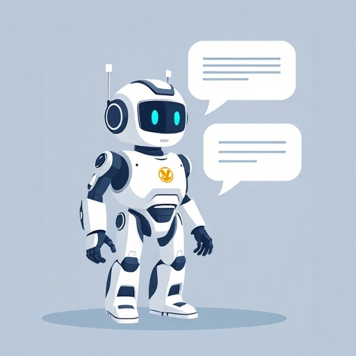 友好AI聊天機器人與人類交換對話泡泡插圖,代表資訊交流與創意寫作