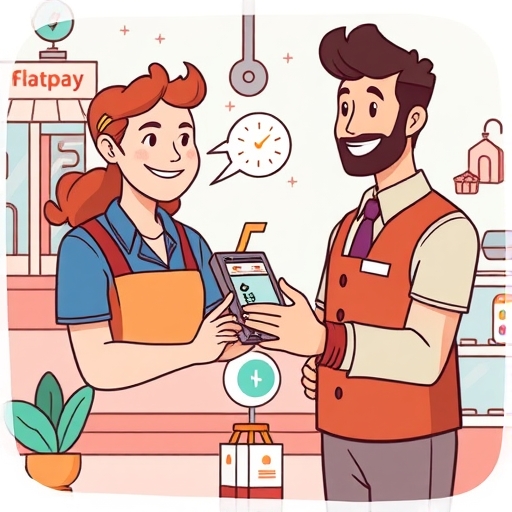 微笑商家從 Flatpay 代表接收簡易支付終端的插圖,周圍有小型企業與數位交易符號