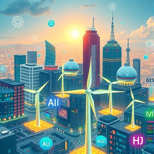 未來城市插圖，融合數位資產、人工智慧晶片與綠能元素如風力渦輪與氫符號，形成生動網絡