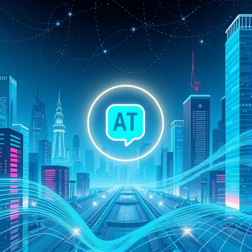 未來城市數位浪潮與ChatGPT圖標插圖,象徵AI對工作與生活的影響