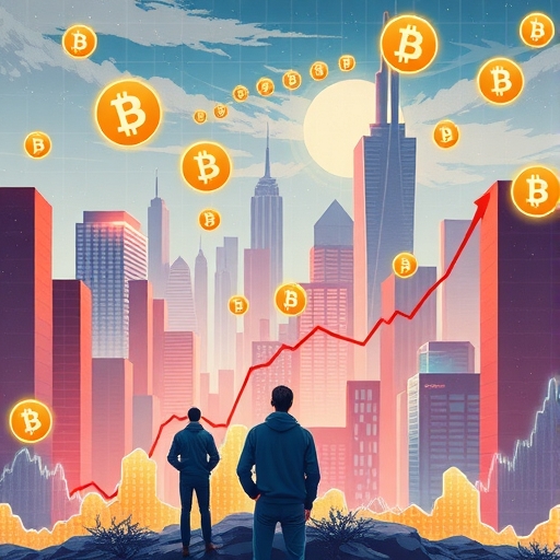 未來城市景觀中浮動的數位貨幣符號，人們觀察圖表與加密市場演進的投資機會插圖