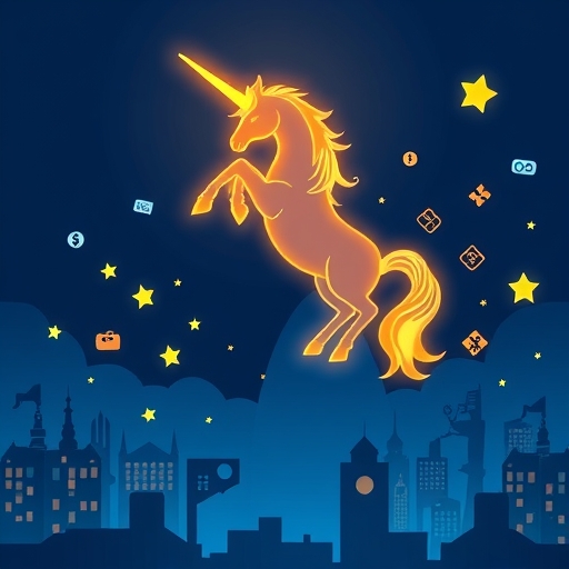 Flatpay 作為歐洲金融科技獨角獸的象徵圖像,獨角獸浮現於歐洲城市天際線上方,周圍環繞數位支付圖標