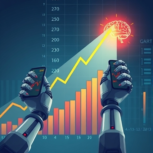 圖表向上飆升的插圖，代表人工智慧市場成長，機器手臂握持股票圖表與發光大腦象徵智慧