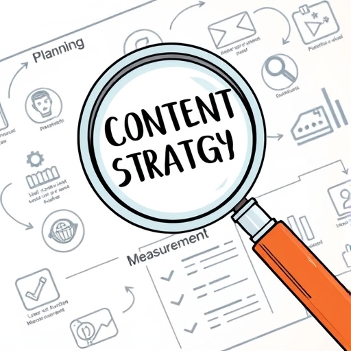 放大鏡檢視內容策略地圖，涵蓋規劃、創作、推廣與衡量，引領品牌在數位環境中成長