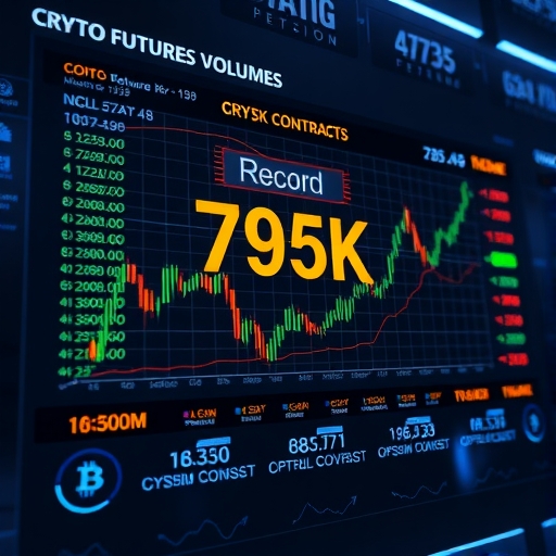 現代金融交易畫面插圖，顯示CME加密期貨交易量達到79.5萬合約，象徵機構深度參與市場