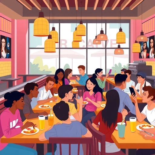 現代餐廳熱鬧場面插圖，年輕多元顧客享用潮流食物與飲料，明亮色彩，人們快樂互動並分享社群媒體，展示成功的青年參與