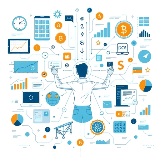 Illustration of a person navigating a complex financial market with data streams design elements and technology symbols representing investment insights