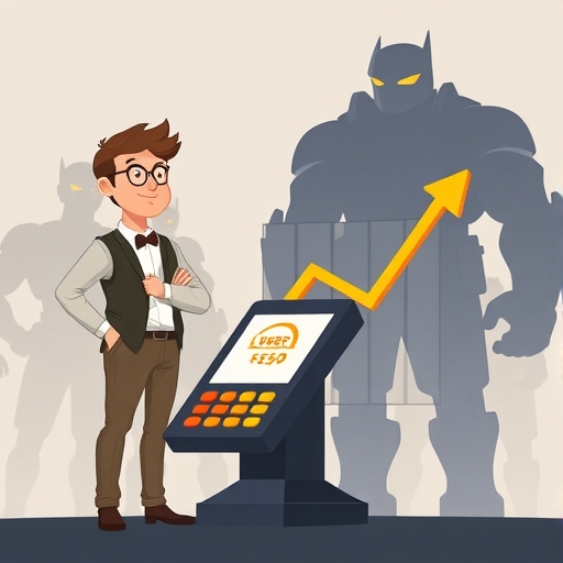 小型企業主自信站立於簡化支付終端旁,檢視顯示低交易費用的圖表,背景有大型市場巨頭的陰影