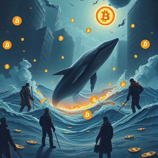 Illustration of a stormy bitcoin market with prices crashing and investors in panic a giant whale observes from afar