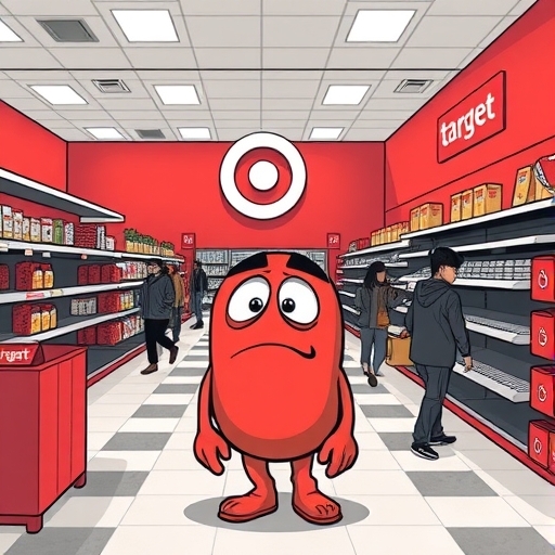 掙扎的 Target 商店場景，顧客較少，非必需品區空蕩蕩的貨架，反映銷售下滑和消費者因通膨轉向必需品，前景有擔憂的 Target 吉祥物