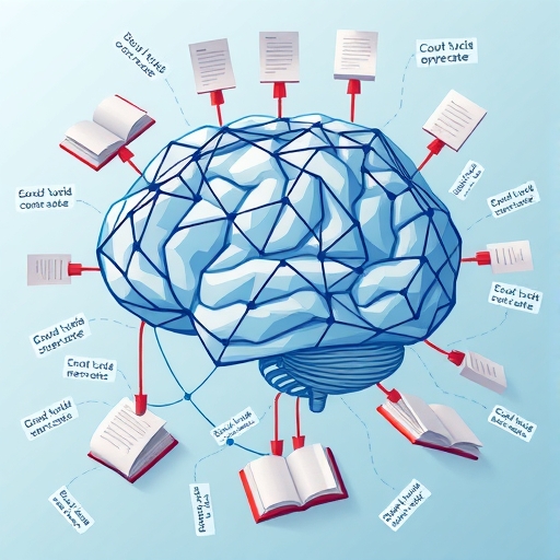 互聯神經網路腦部與浮動文字資料插圖,象徵ChatGPT的訓練資料集與Transformer架構