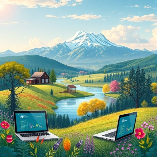 北歐壯麗景觀與現代科技元素融合的插圖，象徵自然與創新的完美結合