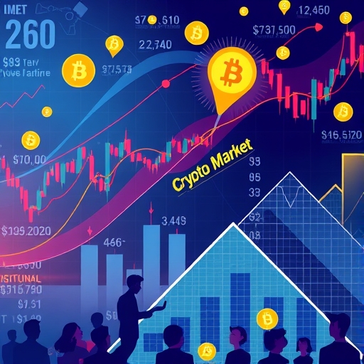 充滿活力的加密貨幣市場插圖，顯示高波動性的價格圖表與機構投資者積極參與數位資產交易