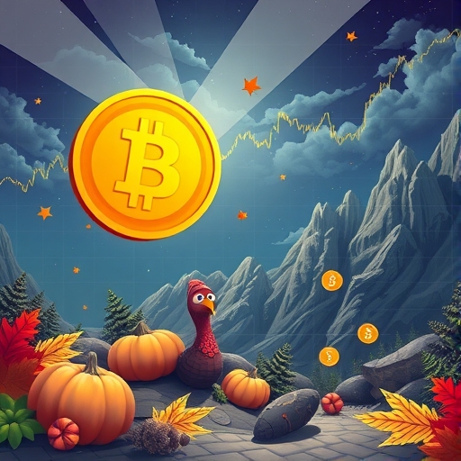 Illustration of a vibrant cryptocurrency market after Thanksgiving a spotlight on HBAR coin soaring high while Bitcoin shows a cautious bounce under a cloudy sky