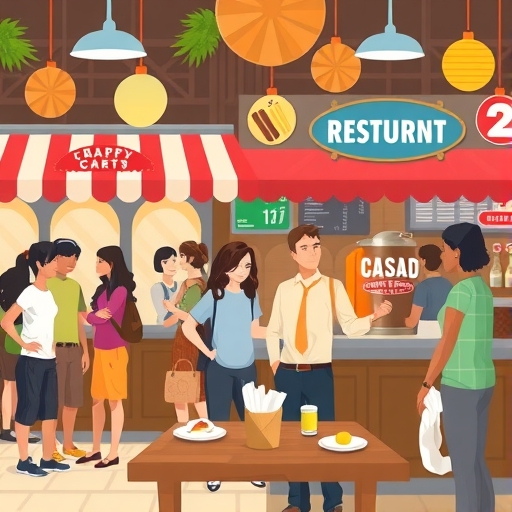 充滿活力的餐廳市場插圖，展示多元顧客與品牌，強調成功品牌吸引年輕人與掙扎品牌面對不滿顧客，突顯顧客體驗的重要性