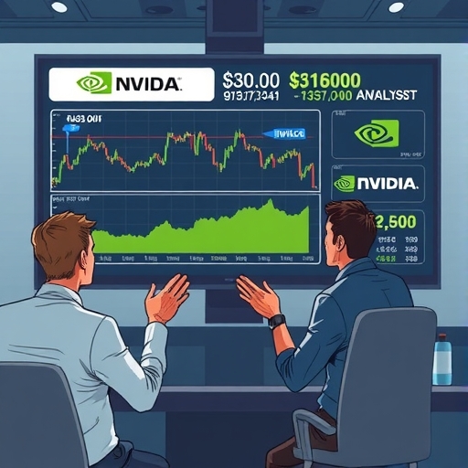 Illustration of an analyst presenting stock recommendations on a screen with charts and market data showing NVIDIA and other company logos investors reviewing advice