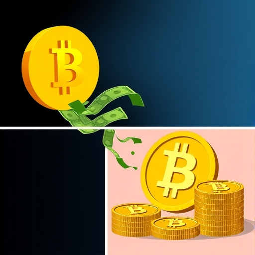 Illustration of large sums of money flowing out of a BlackRock IBIT fund represented by a digital currency symbol and a separate illustration of Mt Gox transferring large amounts of bitcoin