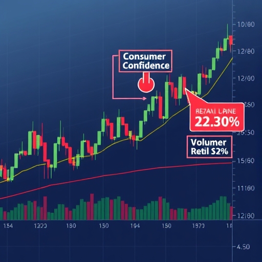 股票圖表上的技術指標，顯示價格突破和成交量變化，周圍浮動著消費者信心與零售銷售等經濟數據