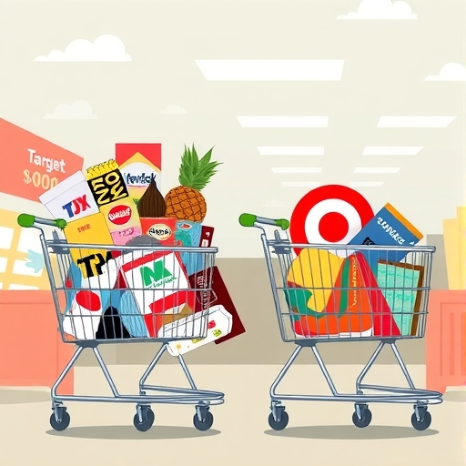 兩個對比的購物車，一個滿載折扣物品代表 TJX 成功，另一個物品較少代表 Target 困境，背景為通膨上升和多元消費者群體