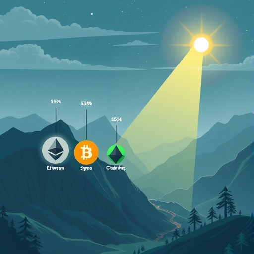 多種替代幣符號如以太坊、Solana、Monero、Chainlink和NEAR從低谷上升至不同價格目標，伴隨指引光芒象徵復甦與成長路徑的插圖