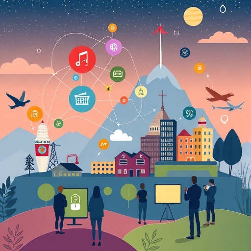 北歐地區合作生態系插圖，展示高數位素養人群、政府支持與創新環境的和諧互動