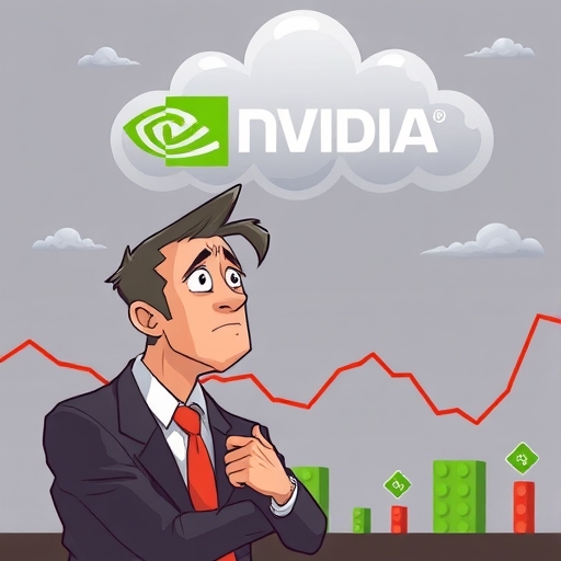 擔憂投資者注視NVIDIA股價下跌圖表，背景有大型雲端服務商象徵