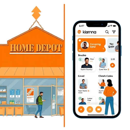 Home Depot 商店與 Klarna BNPL 應用對比圖像，顯示略微下跌股票箭頭與活躍線上交易