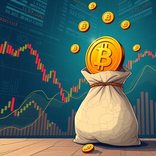 an illustration of a bitcoin coin falling rapidly amidst abstract market charts and a shrinking money bag symbolizing global liquidity crunch