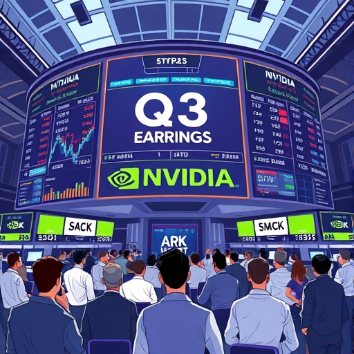 熱鬧的股市場景，顯示第三季財報上漲趨勢與 NVIDIA 和 ARK Invest 公司標誌