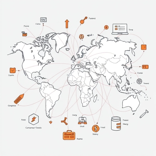 複雜世界地圖插圖,連接金融、設計與消費品,用線條與箭頭展示多元趨勢與挑戰
