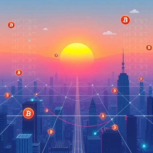數位日出籠罩區塊鏈網絡城市景觀，象徵新開始與鏈間無縫數據流動，代幣自由流通的未來風格插圖