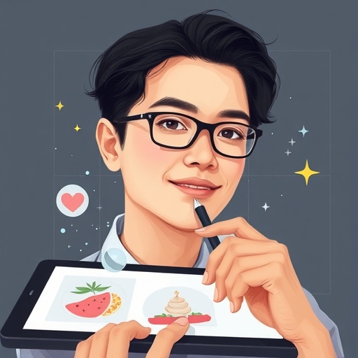 人輕鬆使用平板編輯照片的插圖，魔法杖游標轉換物件和背景，傳達簡單與創意賦權