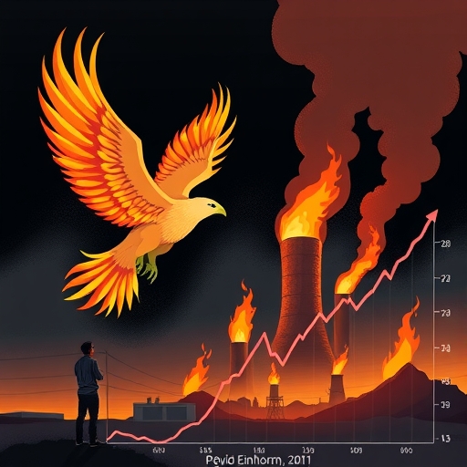 鳳凰從燃燒電廠灰燼中重生,象徵太平洋煤電公司的復甦潛力,大衛·艾因霍恩觀察現場,圖表顯示股價從低谷回升