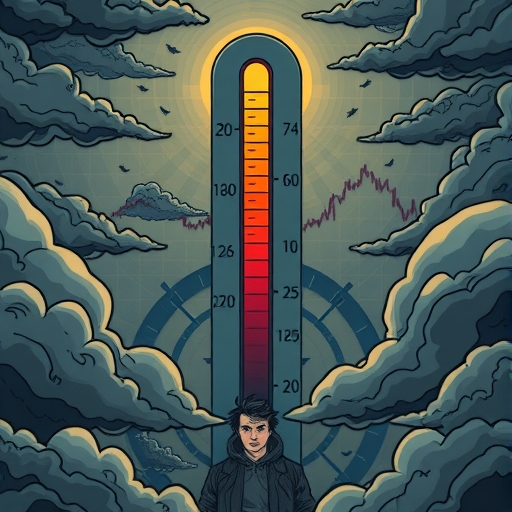 an illustration of a thermometer showing extremely low temperatures with a fear and greed index dial pointing to 10 a person looking fearful in a crypto market setting surrounded by dark clouds