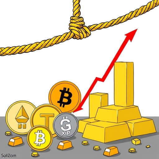 an illustration of various crypto coins like ETH XRP SOL being pulled down by a tightening rope labeled liquidity crunch while gold bars ascend in value