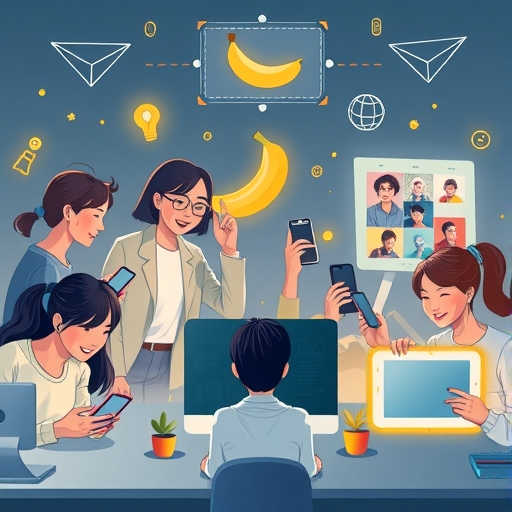 人們快樂使用智慧手機和電腦編輯照片的插圖，AI 工具在螢幕周圍閃耀，隱含香蕉元素代表 Nano Banana 計畫，場景未來且易及