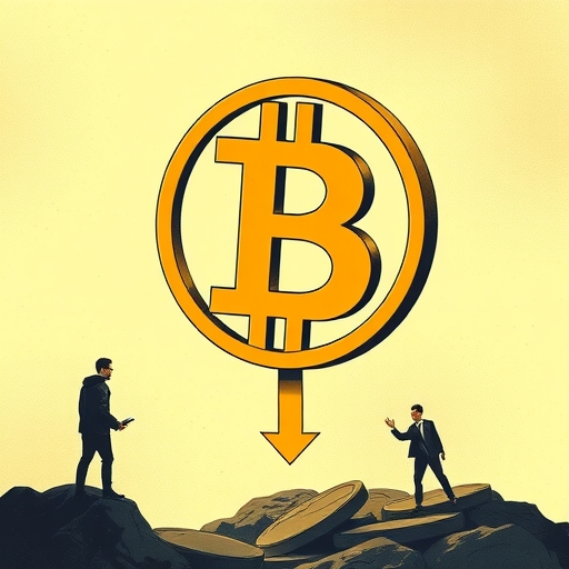 an illustration showing a large bitcoin symbol dropping past a 95000 dollar mark with a downward arrow pointing to an 84000 dollar target analysts concerned