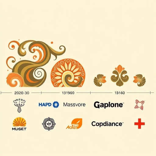 設計演進時間軸,從新藝術的流暢有機圖案到現代簡約企業標誌,代表不同時代的視覺轉變