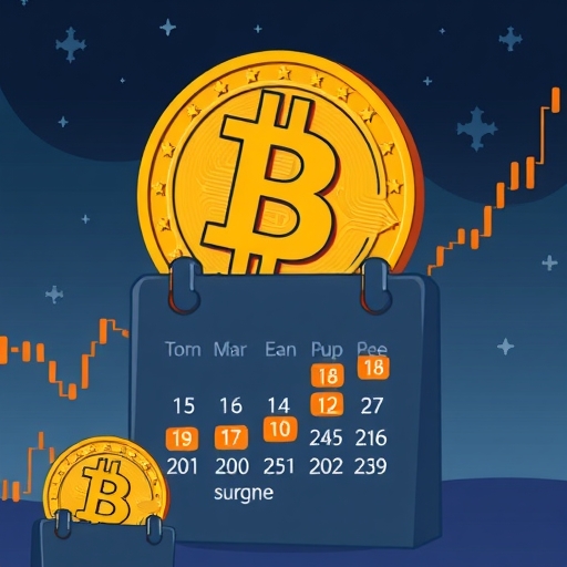 Bitcoin BTC icon illustration with calendar halving event and JPMorgan analyst pointing to future price chart dip in 2026 and surge in 2028