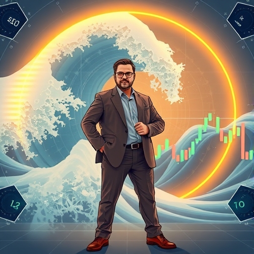 Dan Ives自信站立於閃耀AI浪潮前，背景為科技股圖表，象徵年終頂級選擇與市場機會