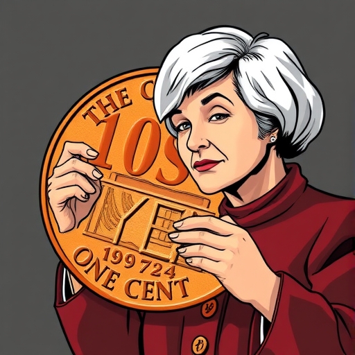 美國財政部長珍娜·葉倫敲打最後一枚一分硬幣,象徵232年生產歷史終結與高製造成本引發全球討論