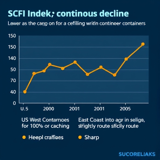 SCFI指數圖表顯示兩週連續下滑,貨櫃運價快速回落,美西美東航線跌幅明顯