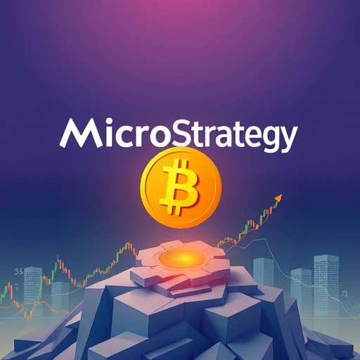 MicroStrategy 公司標誌以比特幣符號為核心的插圖，置於加密市場波動的搖晃平台上，股價圖表急劇下滑，Michael Saylor 自信站立