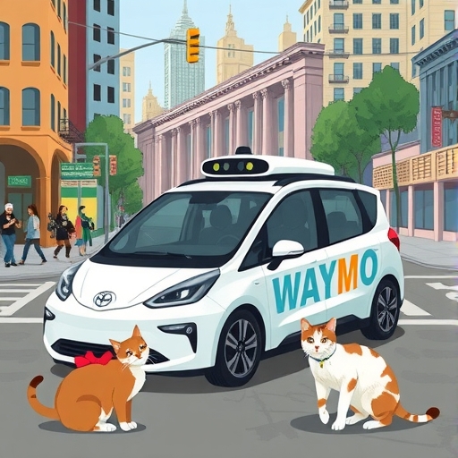 Waymo自動駕駛車輛在舊金山街頭行駛,附近有Kit Kat貓咪,營造出即將碰撞的緊張氛圍,周圍居民充滿擔憂,象徵信任危機
