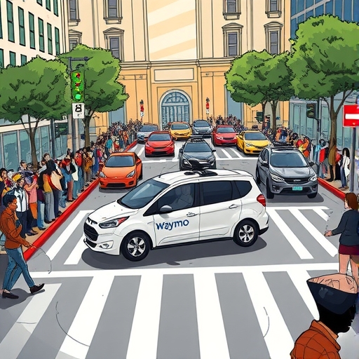 Waymo自動駕駛車輛被懷疑的舊金山居民包圍,顯示公眾不信任的障礙,忙碌路口因自駕車造成交通堵塞,突顯挑戰