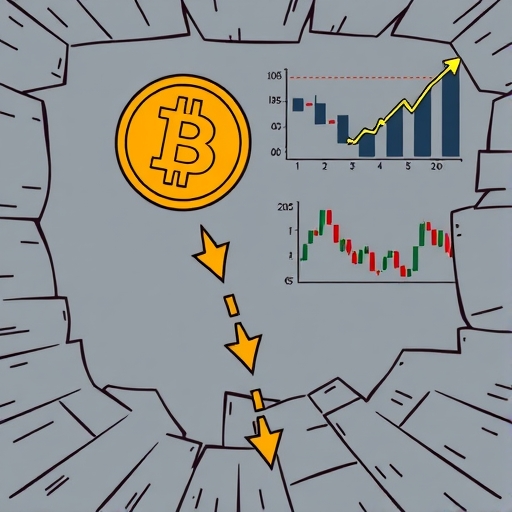 比特幣符號下破裂地板圖示，顯示拋售壓力與技術指標分析