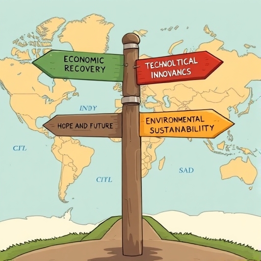 2025年全球趨勢十字路口,指向經濟復甦、科技創新、地緣政治挑戰與環境永續的世界地圖背景