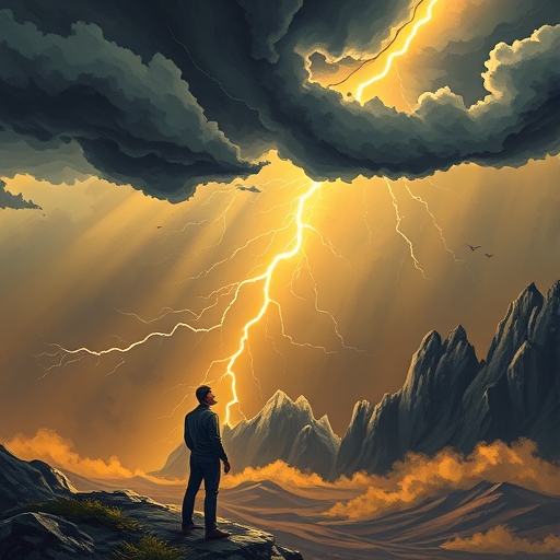 加密貨幣市場在複雜風暴下的插圖，顯示比特幣價格低迷與狗狗幣下跌，以及 Michael Saylor 背景發言