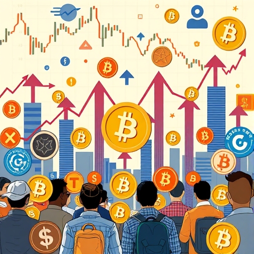 加密貨幣市場多樣性插圖,顯示比特幣與瑞波幣圖示的波動與不確定性,市場觀察者注視數位資產