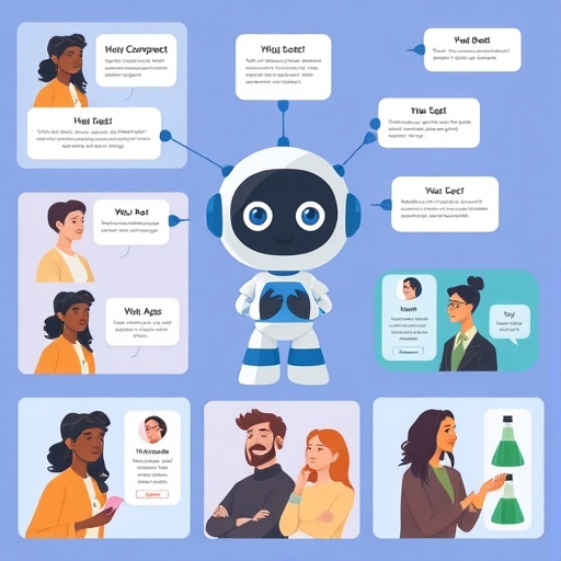 多元客戶在各種螢幕上接收AI聊天機器人的個人化訊息與產品推薦,展示深度個人化行銷體驗